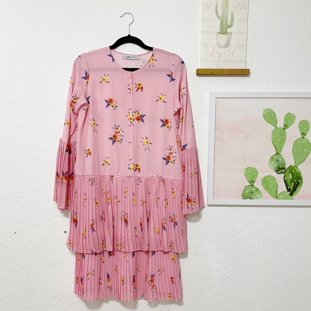 Pink floral pleated shirt tunic dress